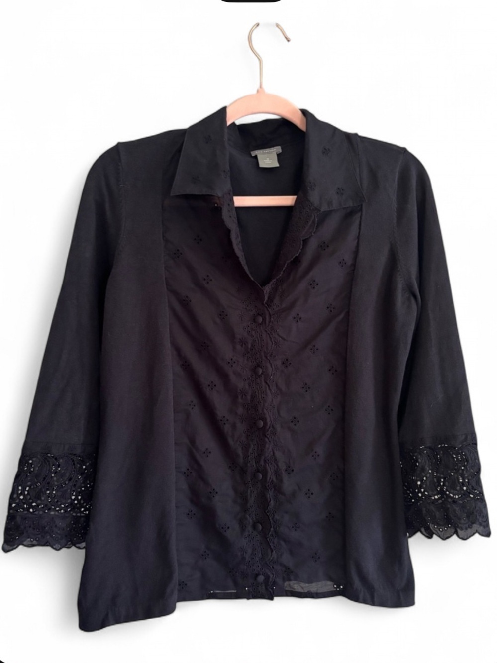 Ann Taylor Silk Blend Mixed Media Black Embroidered & Knit Button-Front Top Sz M